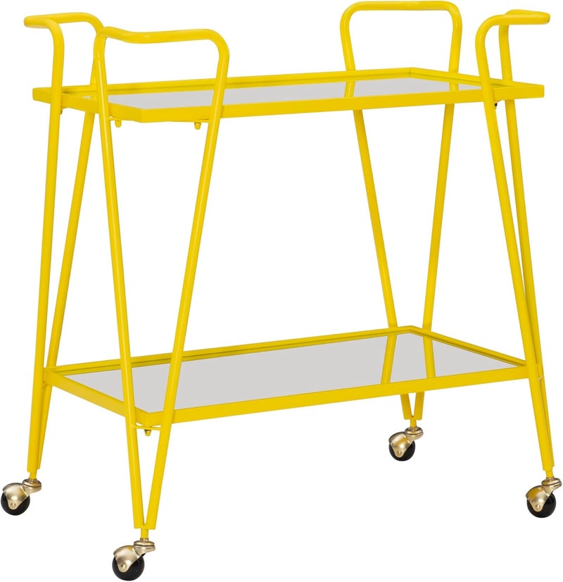 Linon Gina Yellow Mid Century Bar Cart with Mirrored Shelves by - Image 1